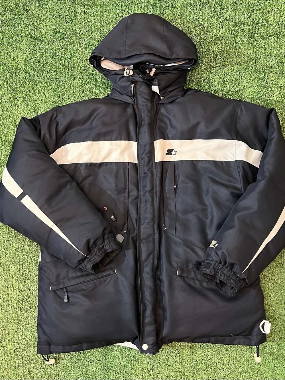 Starter Jacket Mens Large Navy Blue Hooded Down Puffer Full Zip Ski STW03SM
